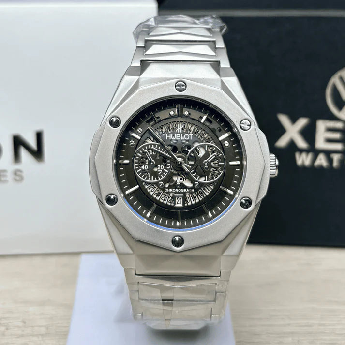 HB Premium Skeleton Watch | Black Dial | Luxury Diamond Cut Chain