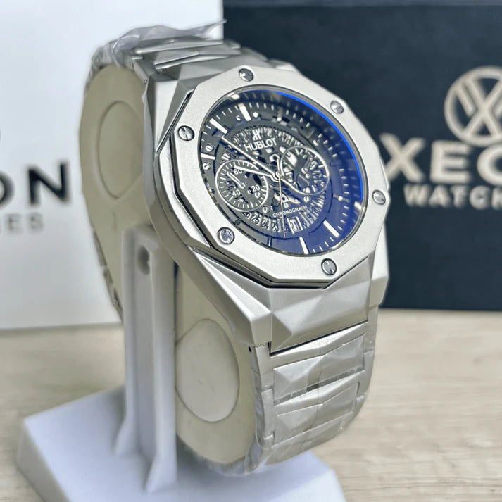 HB Premium Skeleton Watch | Black Dial | Luxury Diamond Cut Chain