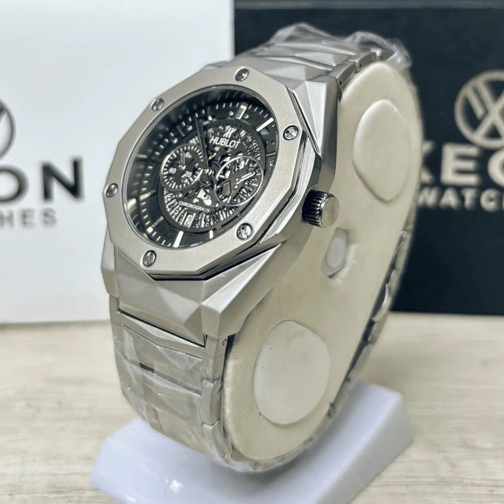 HB Premium Skeleton Watch | Black Dial | Luxury Diamond Cut Chain