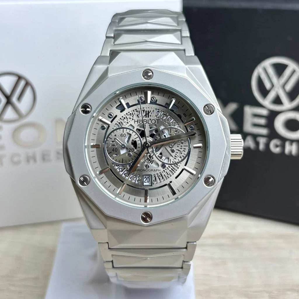 Hublot Premium Skeleton Watch | Metallic Grey Dial | Luxury Diamond Cut Chain