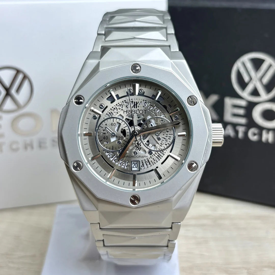 Hublot Premium Skeleton Watch | Metallic Grey Dial | Luxury Diamond Cut Chain