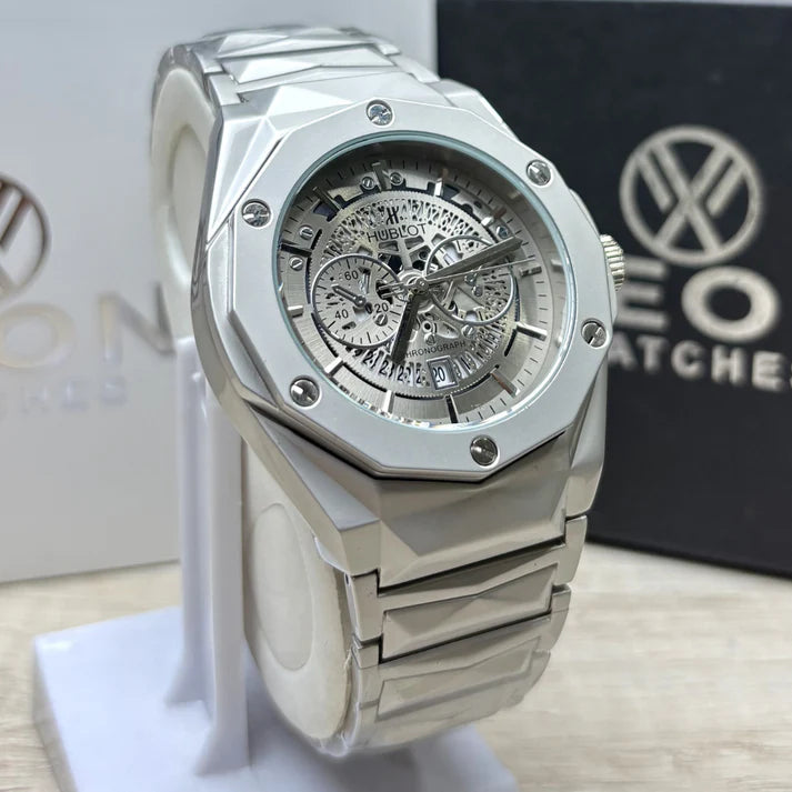 Hublot Premium Skeleton Watch | Metallic Grey Dial | Luxury Diamond Cut Chain