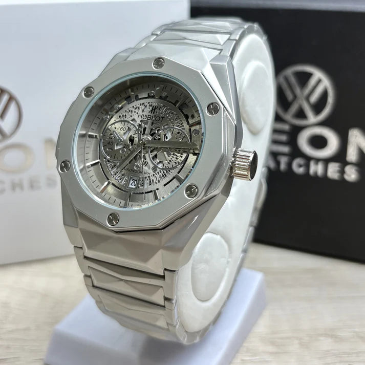 Hublot Premium Skeleton Watch | Metallic Grey Dial | Luxury Diamond Cut Chain