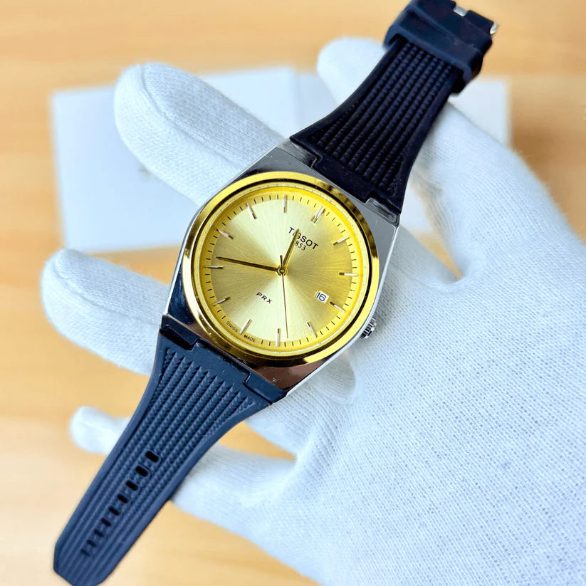 Golden Dial Classic Quartz Watch | Silver Case | Black Rubber Strap