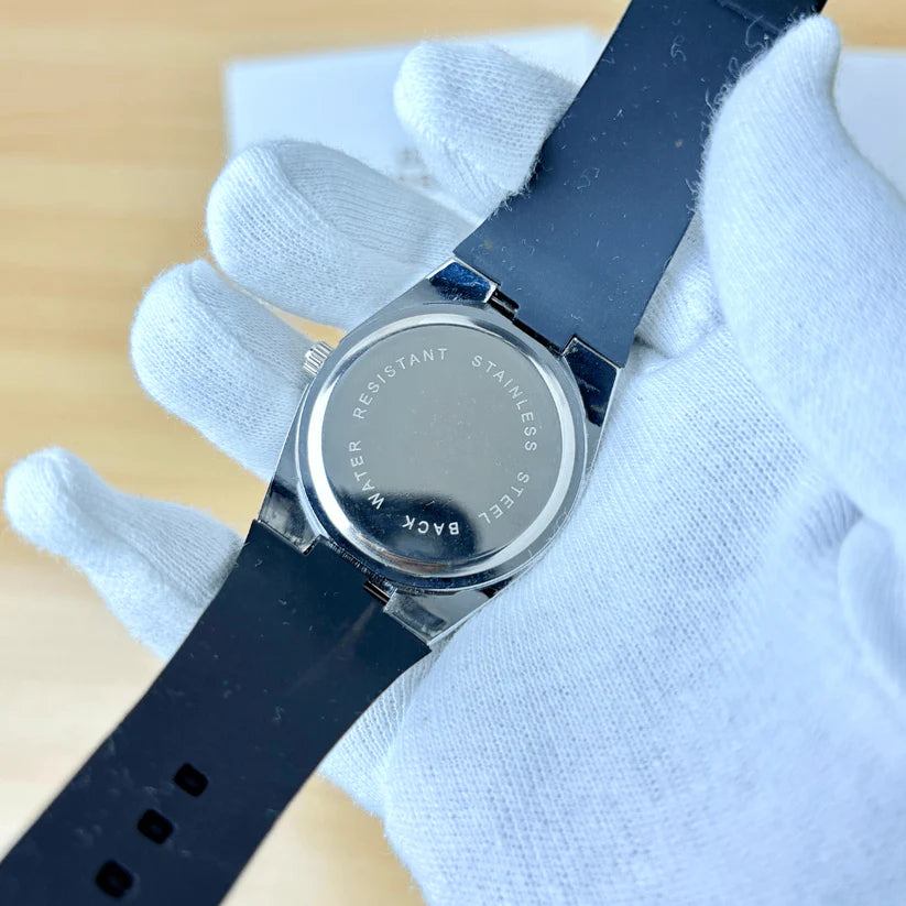 Golden Dial Classic Quartz Watch | Silver Case | Black Rubber Strap
