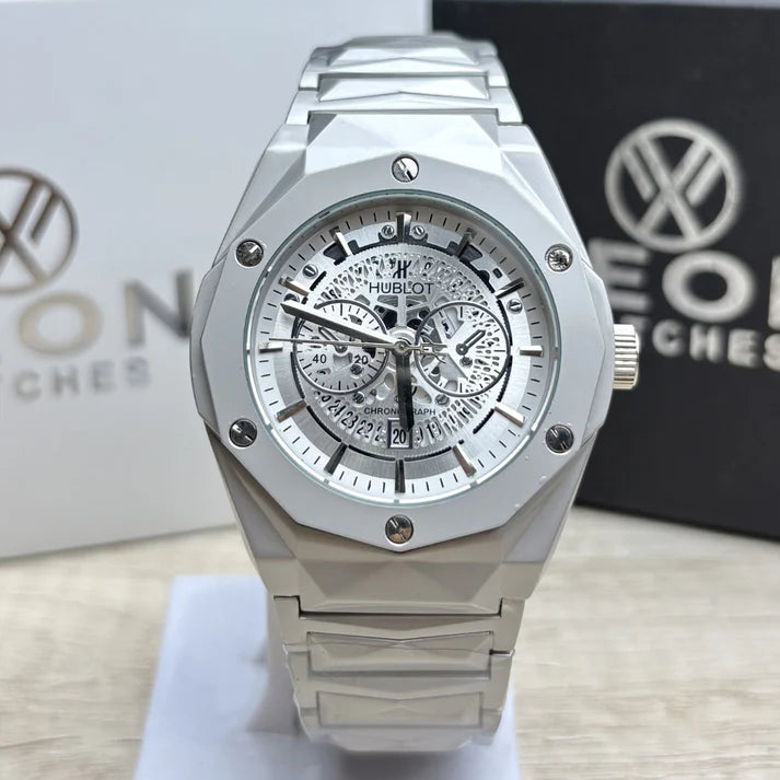 Hublot Premium Skeleton Watch | Silver Dial | Luxury Diamond Cut Chain
