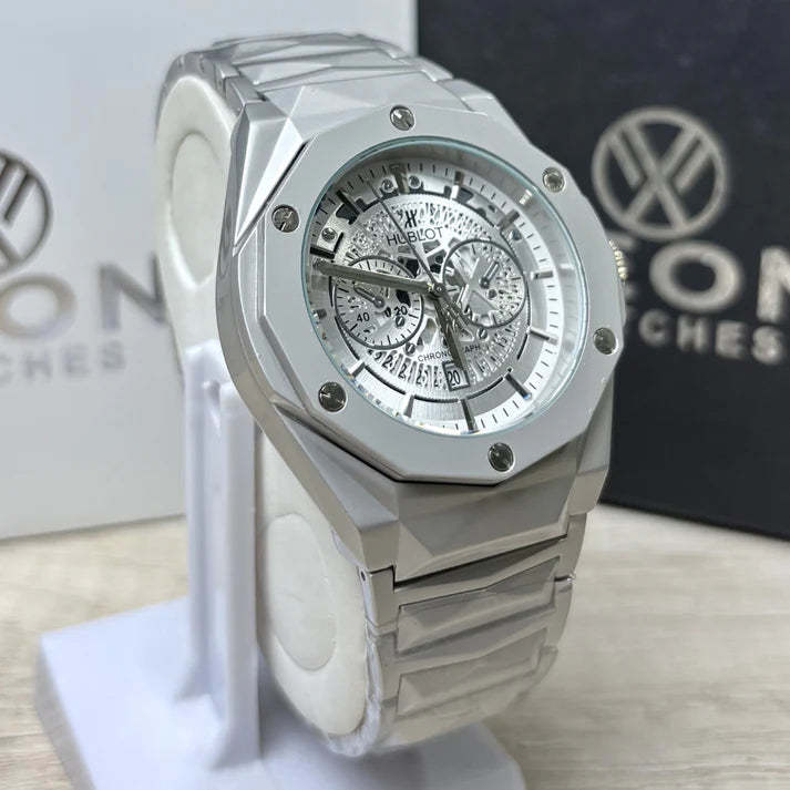 Hublot Premium Skeleton Watch | Silver Dial | Luxury Diamond Cut Chain