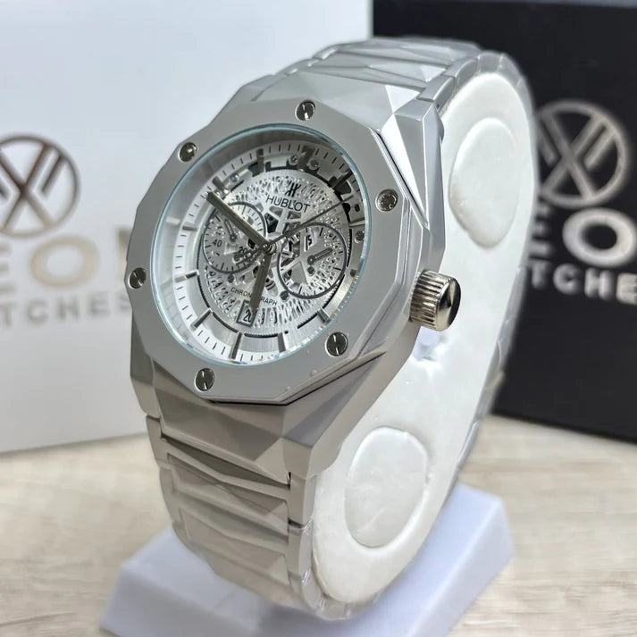 Hublot Premium Skeleton Watch | Silver Dial | Luxury Diamond Cut Chain