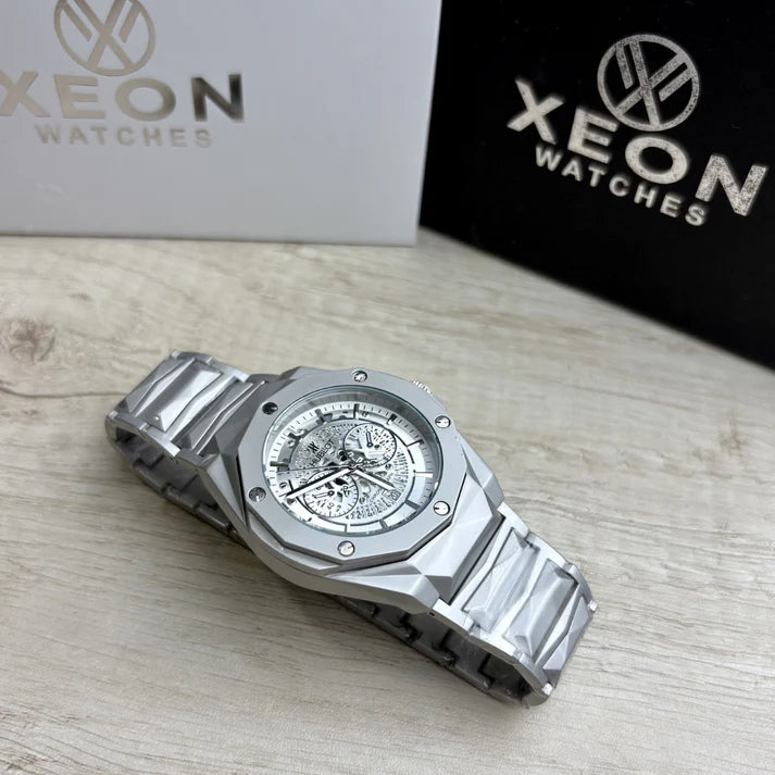 Hublot Premium Skeleton Watch | Silver Dial | Luxury Diamond Cut Chain