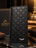 Premium Black Leather Long Wallet | Embossed Pattern | Metal Logo Finish